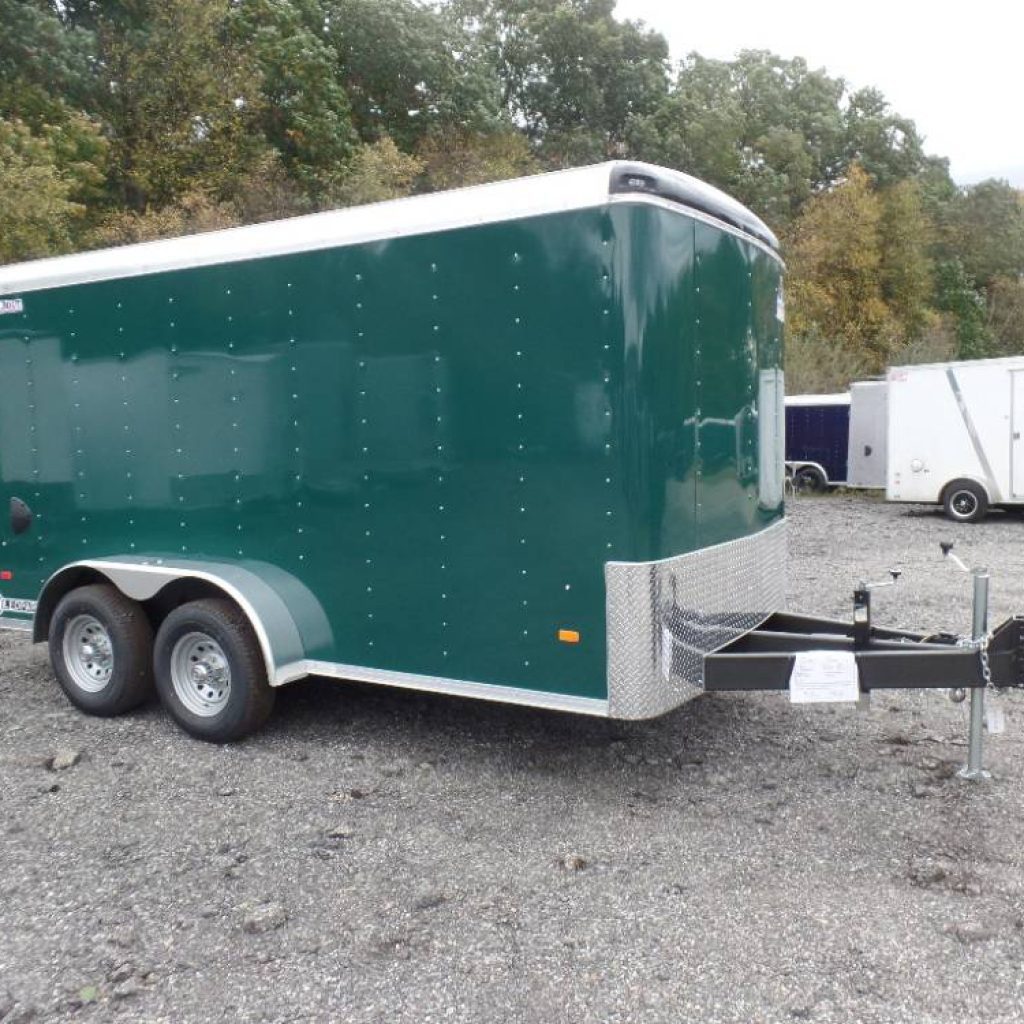 In Stock 10-19-21  7X14 Enclosed Heavy Duty Landscape Model Trailer.  Green Exterior, No Side Door, Patented Fast Load Ramp on back. #008736