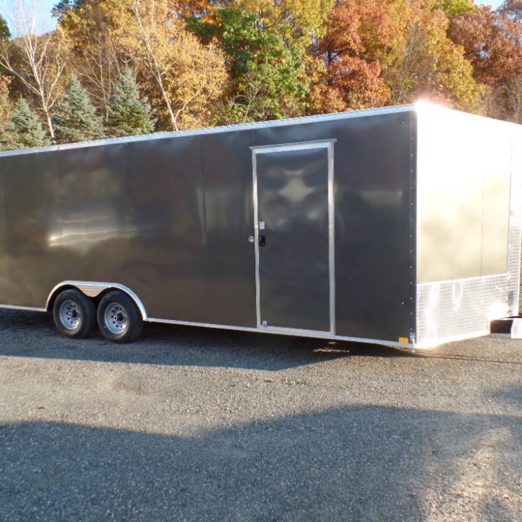 8.5X24 Enclosed Car Trailer, 9,990 GVWR. 7 foot interior height, V nose, Ramp and 4 ft. beavertail for car loading. Side Door, LED lights. ST225/75R15 Radial Tires
