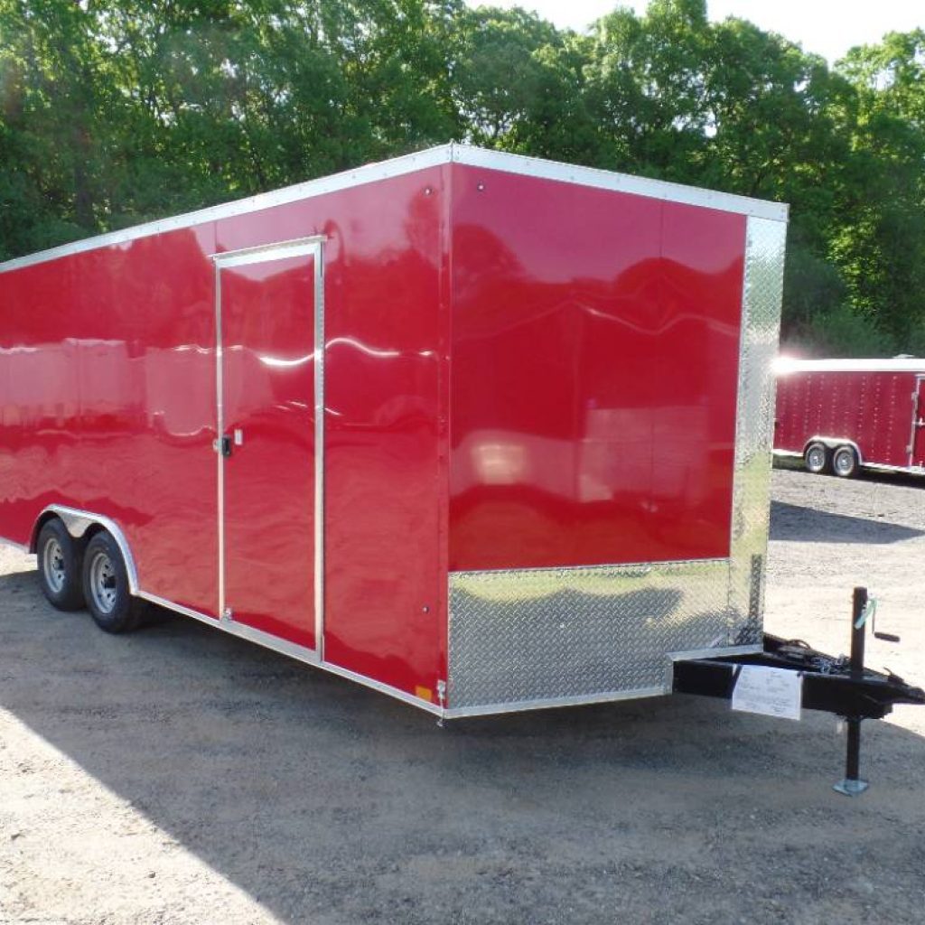 8.5X20 Enclosed Car Trailer, with V Nose, 9,990 GVWR, 3,450 lbs. Empty weight. 6,540 lb. Payload Rated, Red Screwless Exterior.