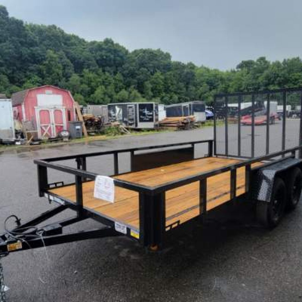 Open Landscape Trailer 7X14 with 7,000 lb. GVWR , payload rated 5,640 lbs. Tandem Axle, Ramp, LED Lights, Box tube Railing. Radial Tires.