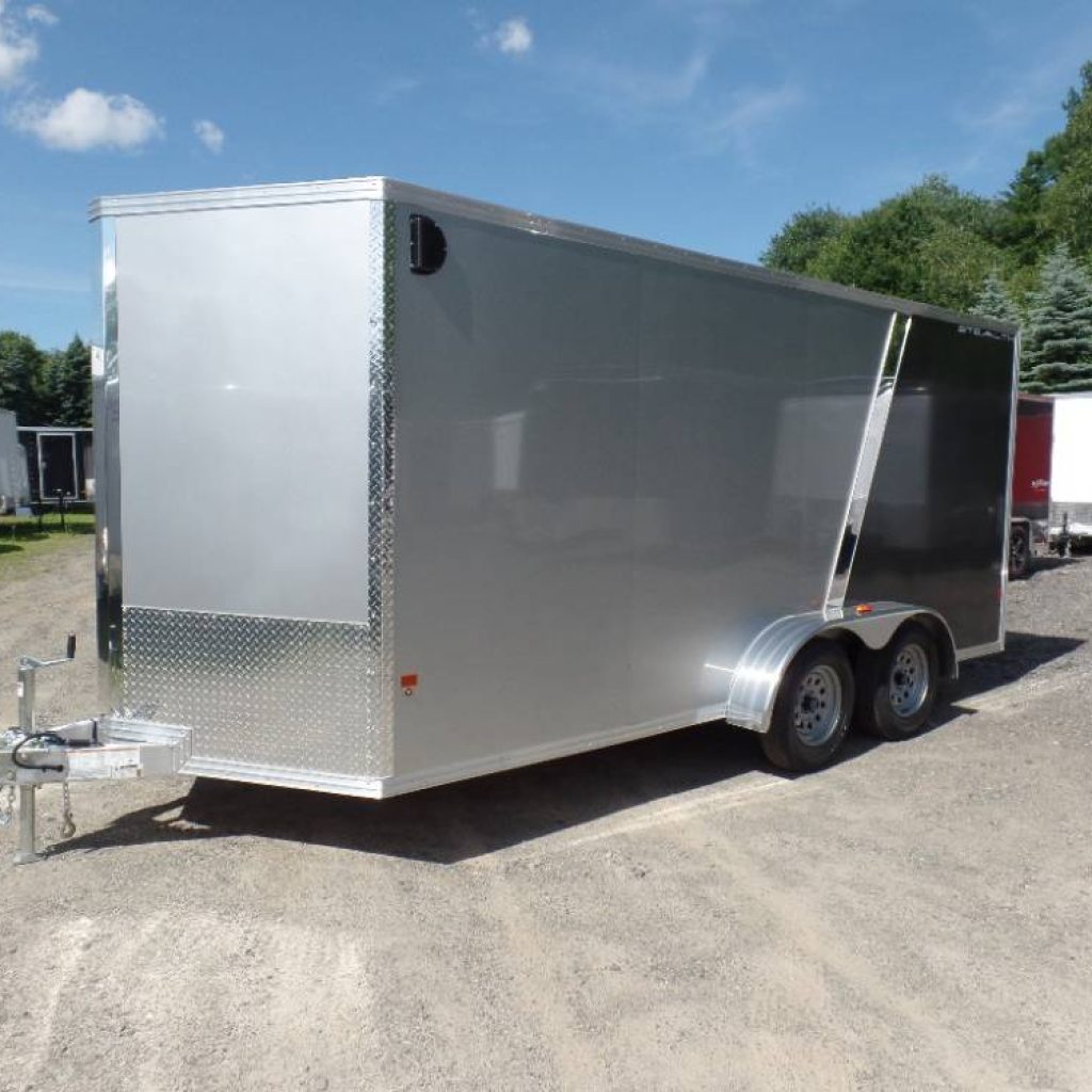 Aluminum Frame Enclosed Trailer, 7 ft by 16 ft , ramp door on back.  7X14 enclosed cargo trailer, two tone exterior, 7,000 lb. GVWR, one piece aluminum roof, tandem axle with electric brakes