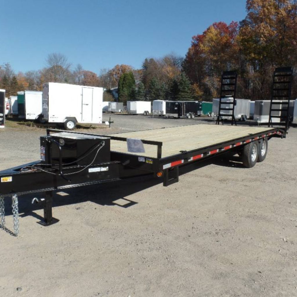 Size of deck: 20 ft overall -  16 ft flat,plus 4 ft beavertail 14,000# GVWR,Deck Over Equipment Trailer, 20 ft deck length, 16' flat with 4' beavertail, 14,000 lb. GVWR, empty weight 3,180 lbs, payload rated 10,800 lb