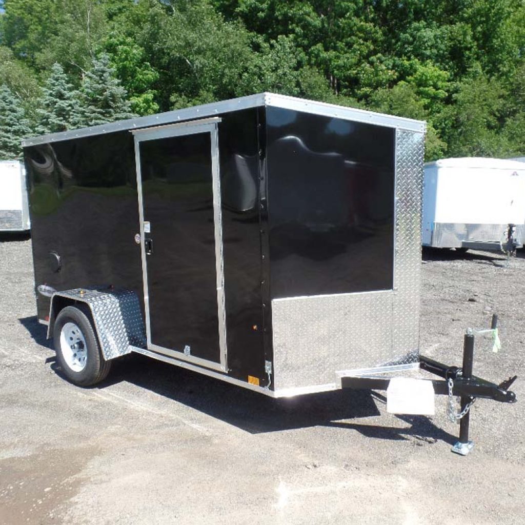 Enclosed Trailer 5 X 10 with 5 ft. 6” interior height, Cargo Trailer 5 X 10, 5 1/2 ft. interior height, V nose, ramp door on back, 2,990 GVWR, 15 inch tires, aluminum roof