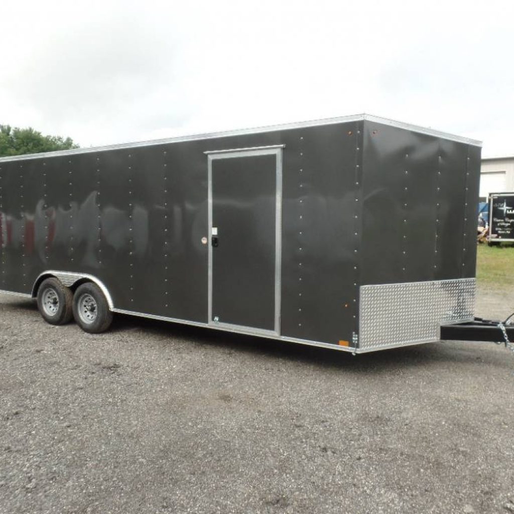 8.5X24 +3'V Nose Enclosed Car Trailer , Enclosed Car Trailer, 8.5X24, V nose, 9,990 lb. GVWR, ramp door, beavertail floor, side door, one piece aluminum roof.