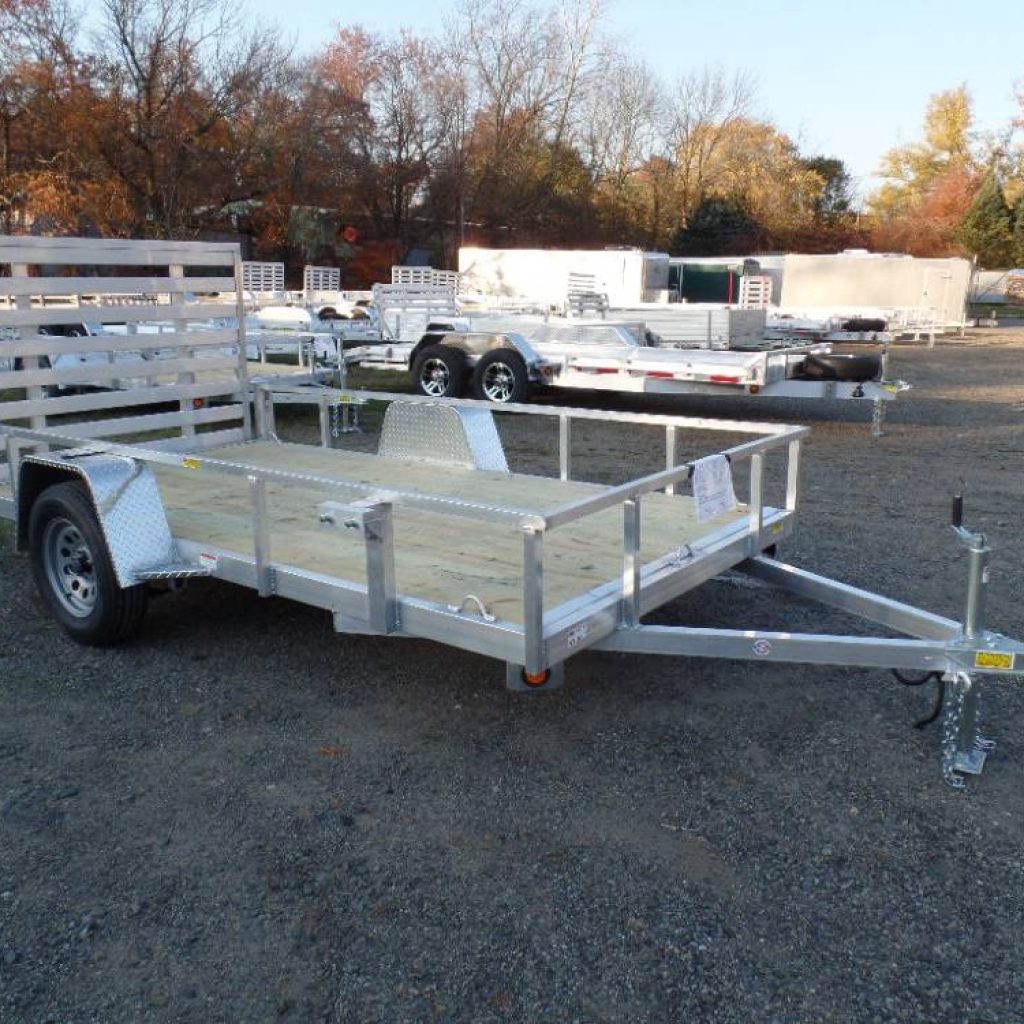 6X12 open utility trailer, aluminum frame, wood deck, 2,990 lb. GVWR, single axle, ramp on back, ST205/75R15 radial tires