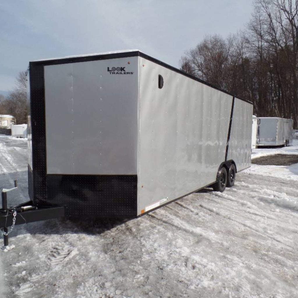 8.5x24 Enclosed Car Trailer, Silver Exterior , Black-Out Trim Package, Aluminum Rims, 7 ft. Interior Height.