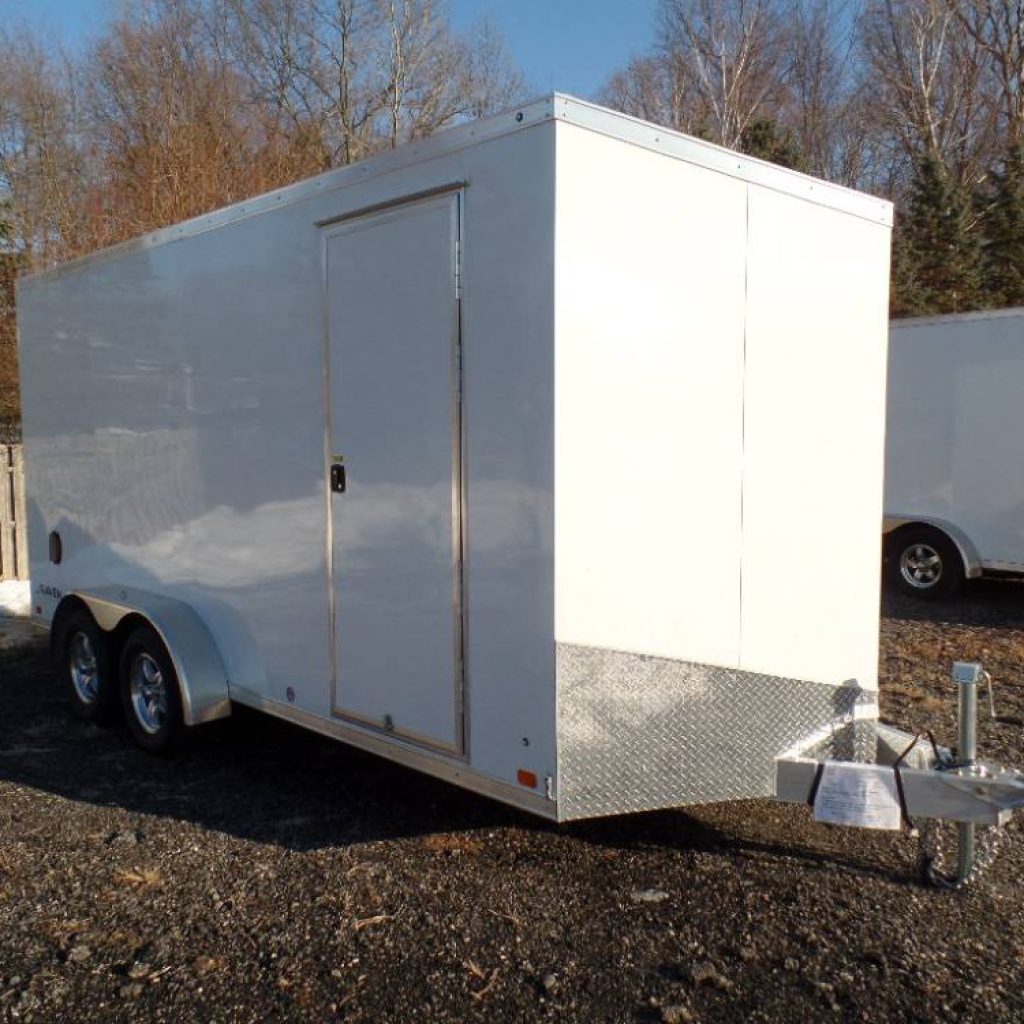 ATC Brand Aluminum Frame Enclosed Trailer, 7X16 with 7 ft. interior height, V nose, Ramp Door, Side Door, torflex axles