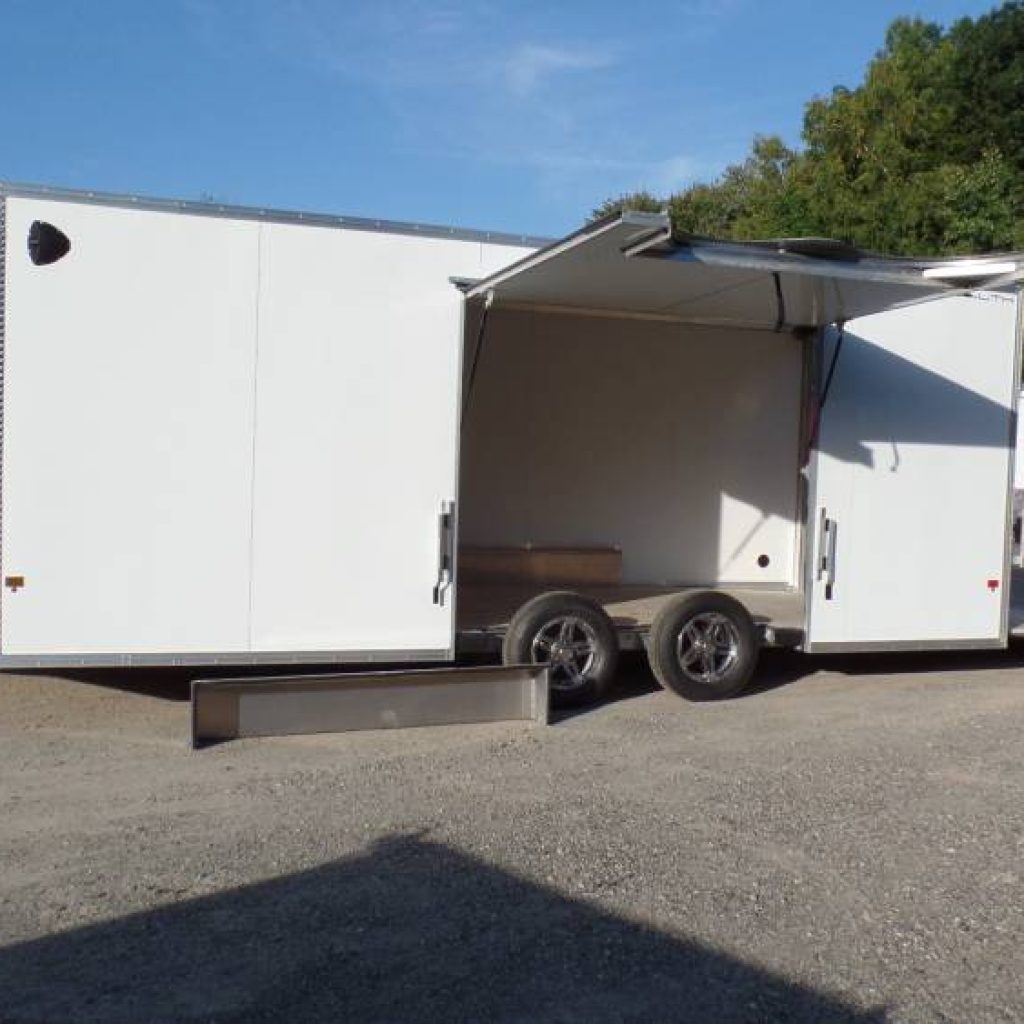 Aluminum Enclosed Car Trailer 8.5X20 with 3 ft. V nose, Big Escape Door with Removable Fender, 7,000 lb. GVWR Torflex Axles, Aluminum Rims