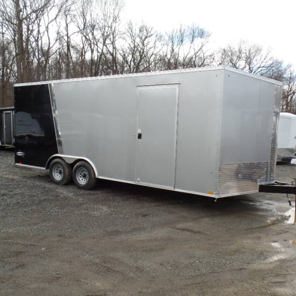 8.5X20 enclosed car hauler trailer, 9,990 lb. GVWR, 7 ft interior height, V nose, Ramp Door, Beavertail, example of two tone exterior