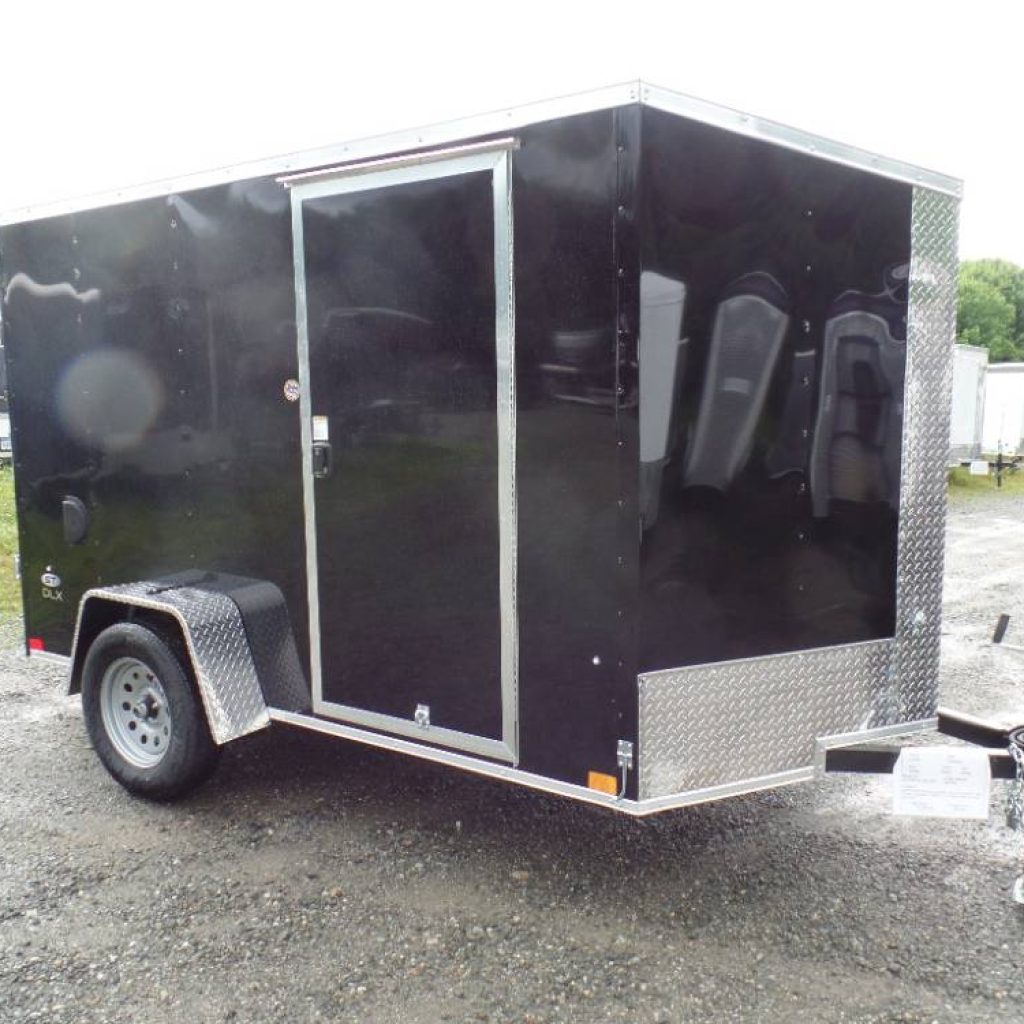 6X10 enclosed Cargo Trailer, slope V nose,  2,990 GVWR, Black Exterior, Ramp Door, side door, 1,270 lbs empty weight.