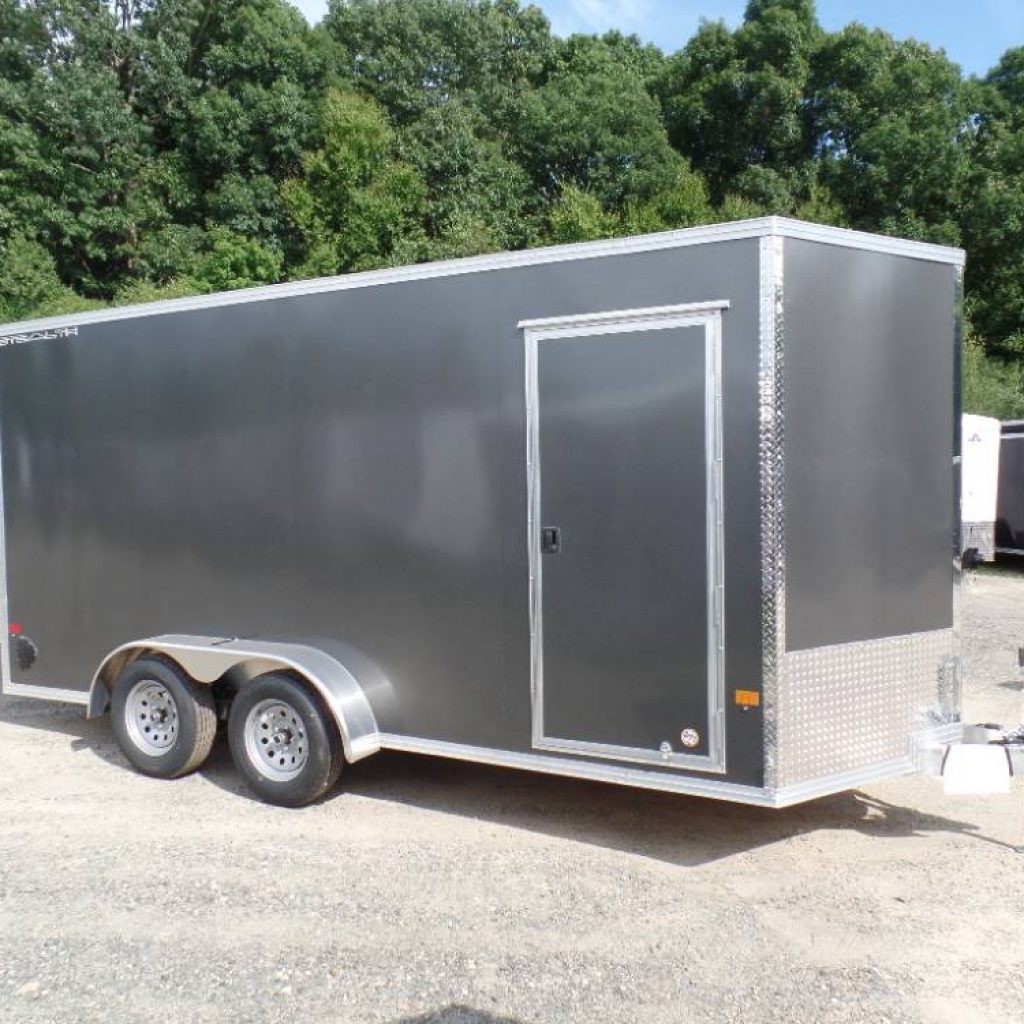 7X16 Enclosed Cargo Trailer,Aluminum Frame, 7 ft. interior height, V nose, Ramp Door, side door, 7,000 lb. GVWR, 1,690 lbs. empty weight.