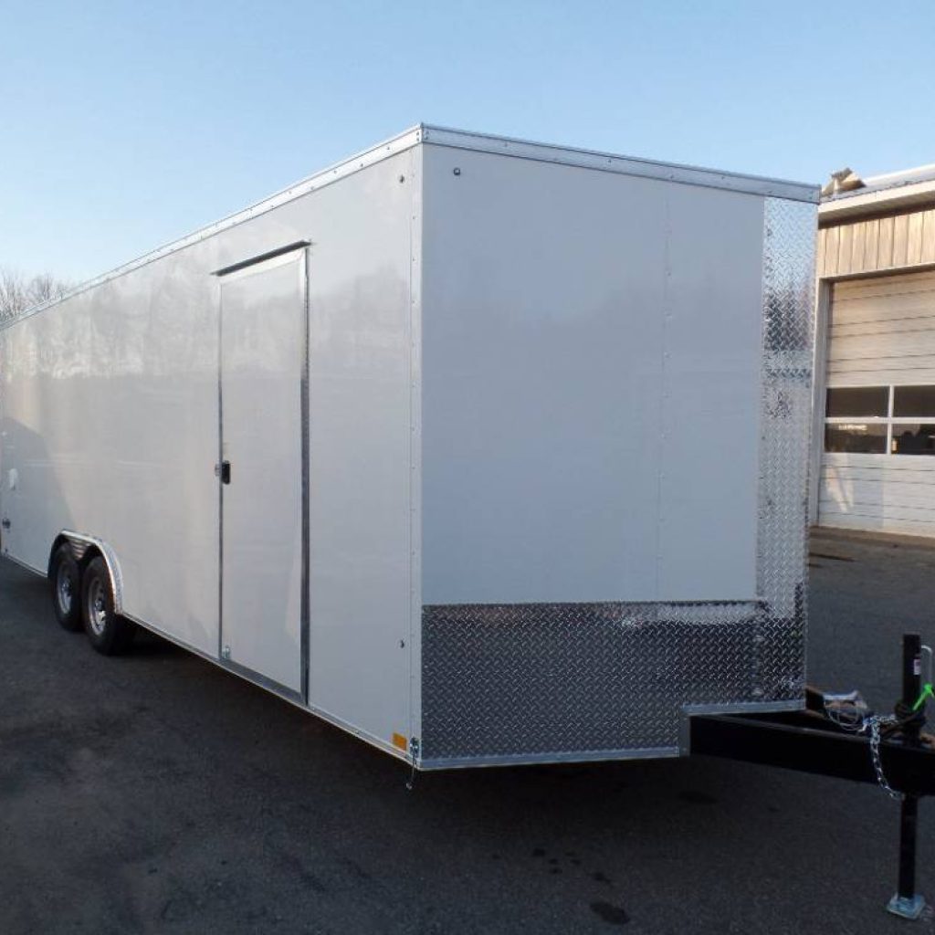 Enclosed Car Trailer 8.5X24 X7 ft interior height , 9,990 GVWR, Sloped V nose, Screw-less Exterior, LED lights, 1 piece aluminum roof.