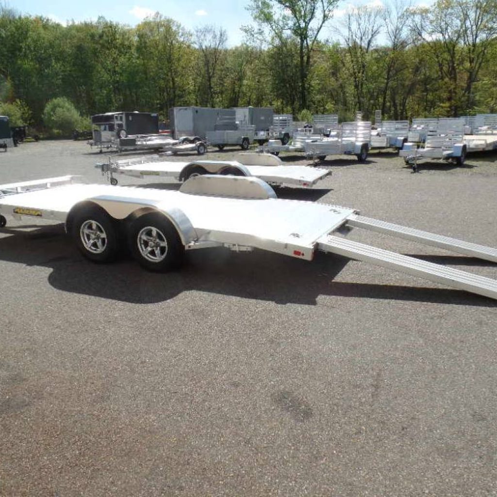 Aluminum Open Car Trailer, Aluma Brand, All aluminum Frame, Aluminum Extruded Deck, 1,350 lbs. empty, will carry 5,500 lb. car, torsion axles.