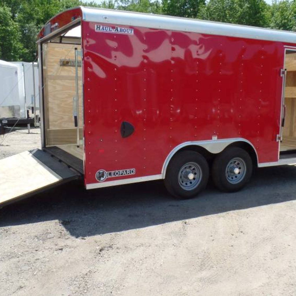 In Stock  June First,  RED  8.5X16 enclosed landscape trailer, Patented Triple Taper - Fast Load Ramp with no flap to break. 9,990 lb. GVWR , Extra Heavy Duty Framing, Equipment Racks, Upgraded Jack, spare tire, included