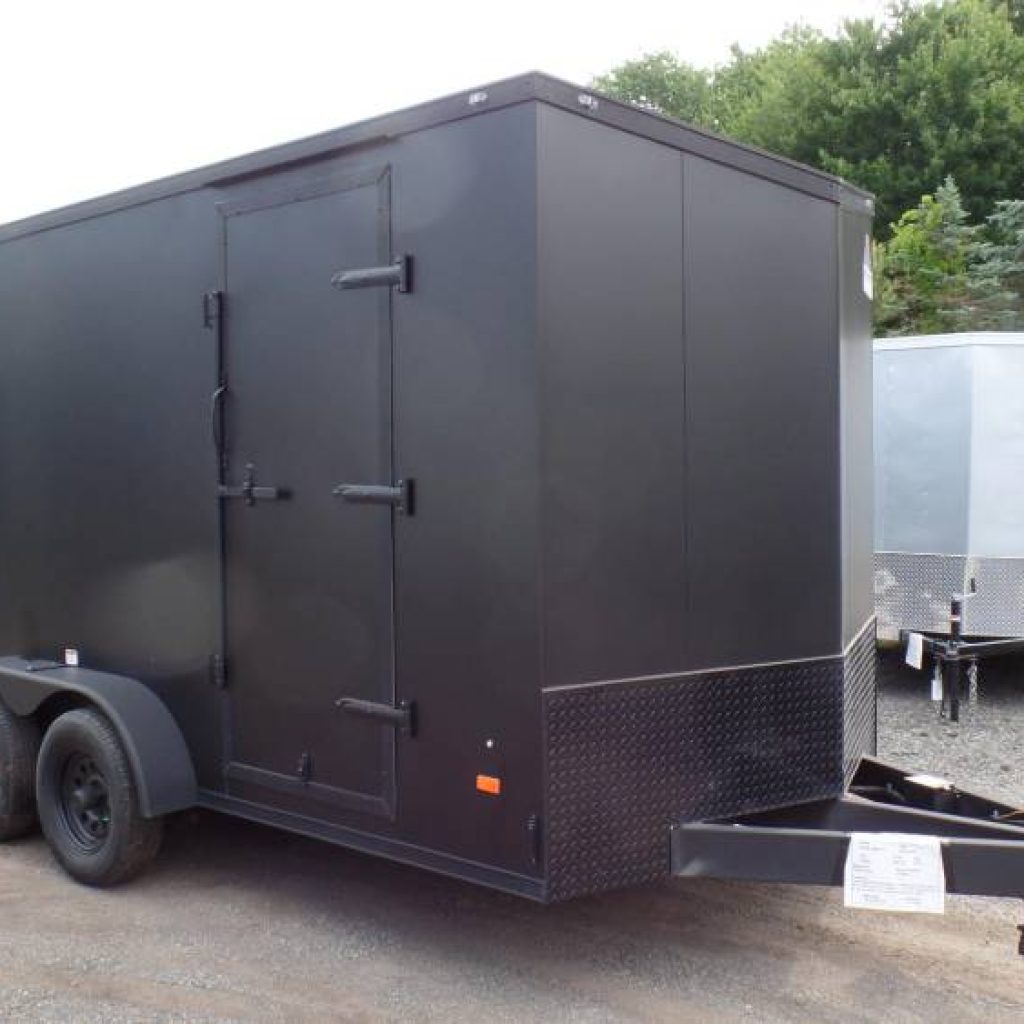7X14 Enclosed Cargo Trailer, 7 foot interior height, ramp door on back, side door, 7,000 lb. GVWR, Flat Black Exterior with Black Trim