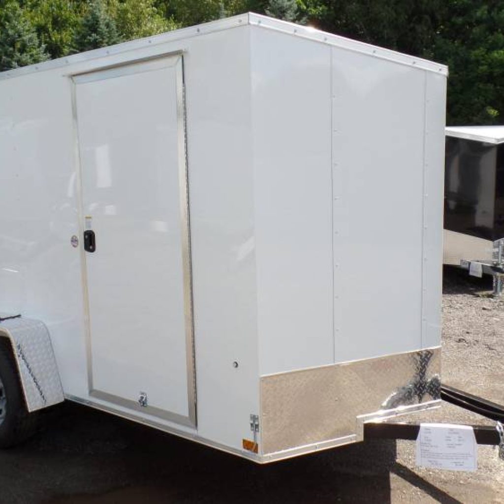 6X10 Enclosed Cargo Trailer, with Double Doors on Back, 1,450 lbs. empty weight, 6 ft. interior height, 2,990 lb. GVWR.  White Exterior