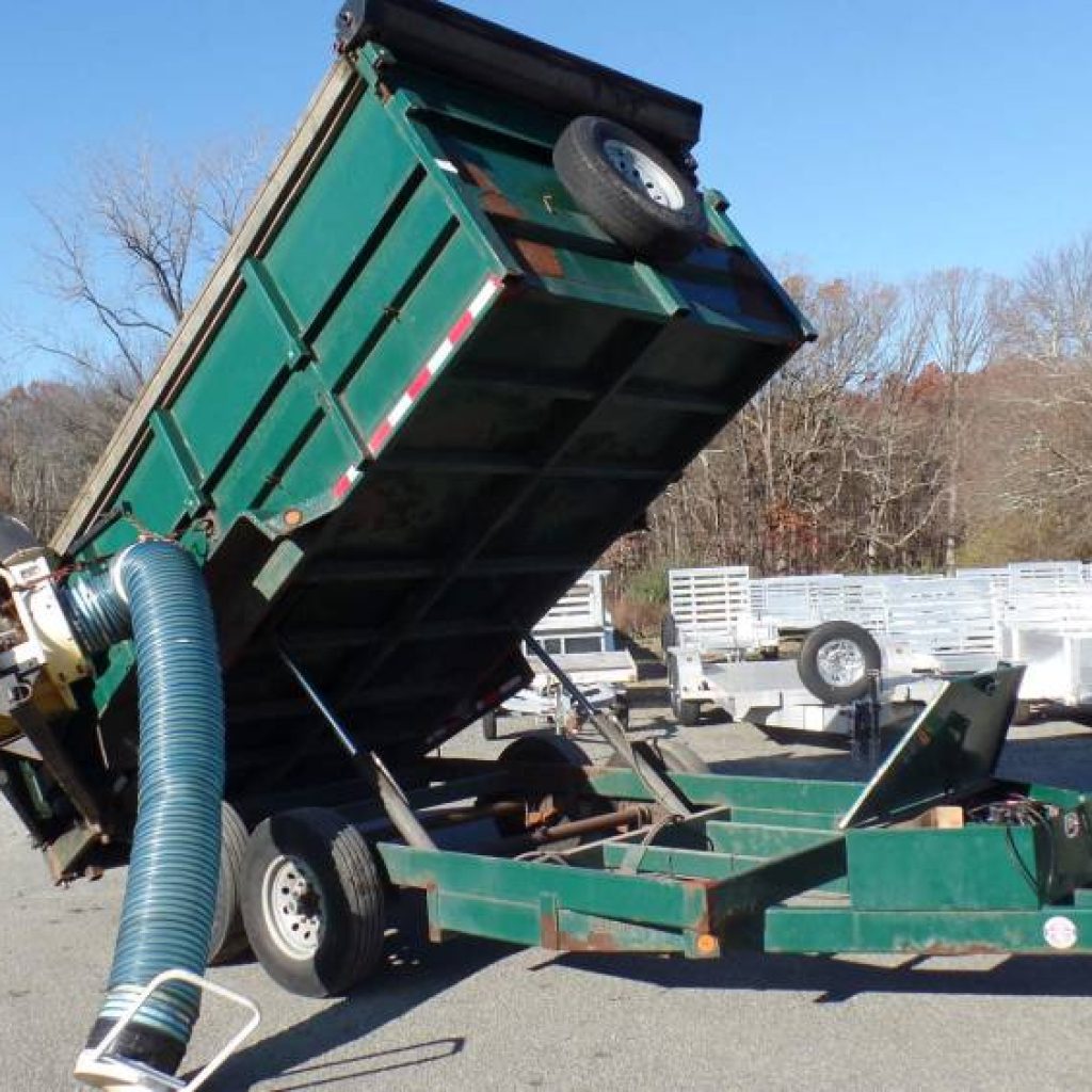 Leaf Removal, Dump Trailer with Custom One Man Operation Swing Away Mount, 18 hp Fradan Leaf Vacuum, Quality S&A 7X14 Dump Trailer, 14,000 lb. GVWR, USED 2016 Model Year, Dual Cylinder Power Up , Power Down Hydraulics.