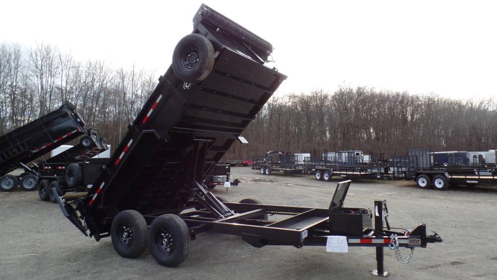 DUMP TRAILER, 7X14, 14,000 lb.GVWR, scissor lift, heavy duty, tarp and roller, spare tire, LED lights, loading ramps