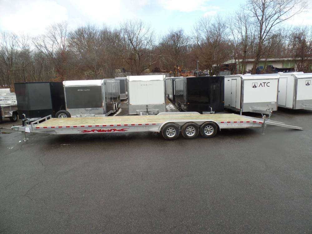 Two Car Trailer, Aluminum Frame, Wood Deck, 21,000 lb. GVWR, 7 ft long aluminum loading ramps, 3 - 7,000 lb. galvanized axles, 16 D rings