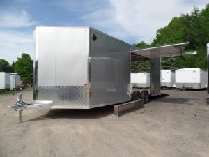 Enclosed Car Trailer, 8.5X20 V nose, with Big Escape Door with Removable Fender, 7,000 lb. GVWR, silver exterior