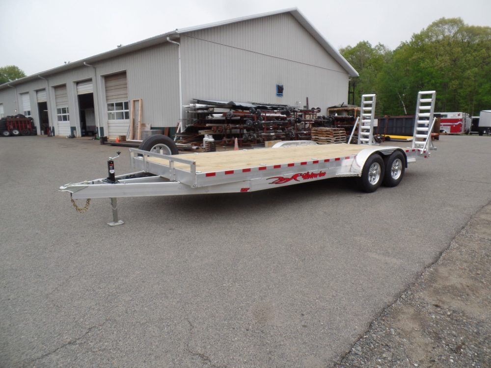 Aluminum Frame Equipment Trailer, 7X22 with 14,000 lb. GVWR, 12,240 lb. payload rating, empty weight 1,760 lbs. Wood Deck, Ladder Ramps, Galvanized 7,000 lb. Axles