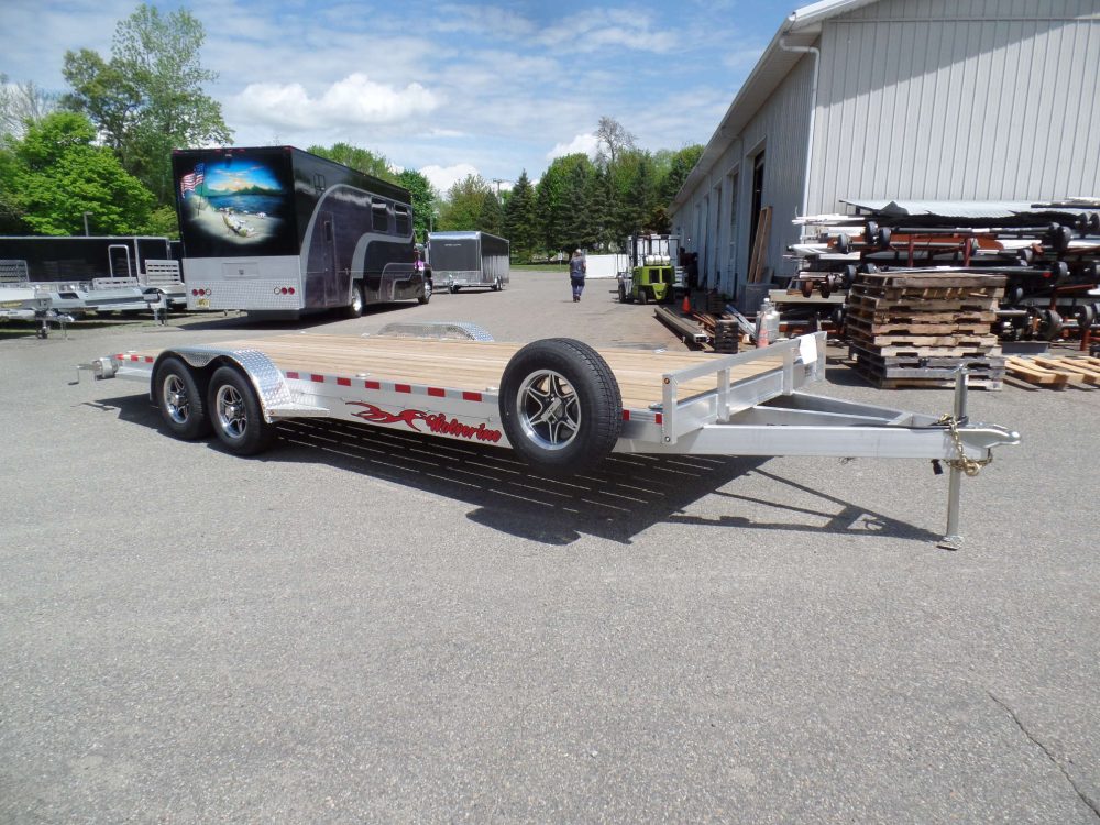 Open car trailer, 7X22 , 9,990 GVWR, Aluminum Frame, Wood Deck, Pull out from rear loading ramps, Galvanized Axles, 4 wheel brakes.