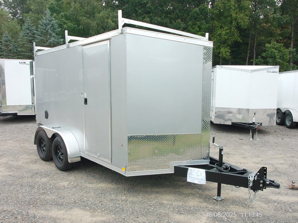 LOOK BRAND 7X12 TANDEM AXLE, V nose, Triple Tube Extended Tongue, Ramp on back, 6'6